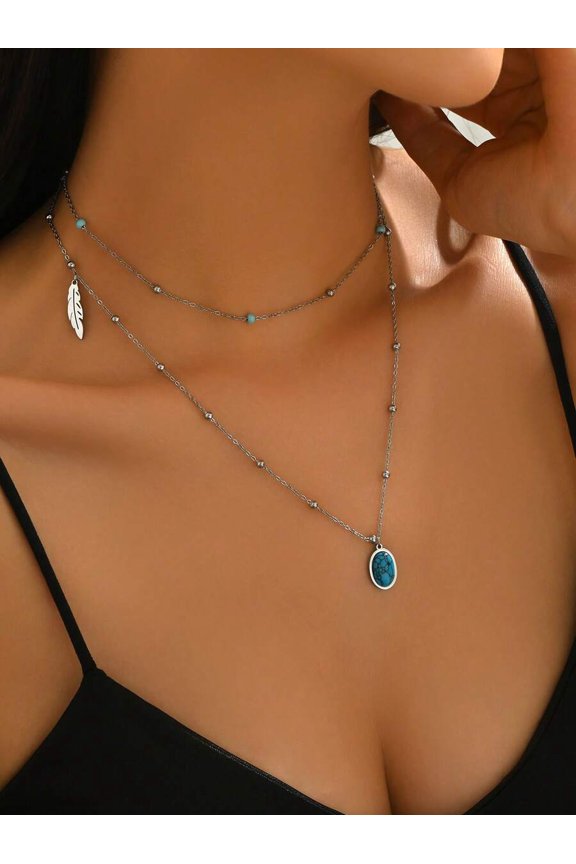 Silver Double-Layer Turquoise Pendant Feather Necklace For Women