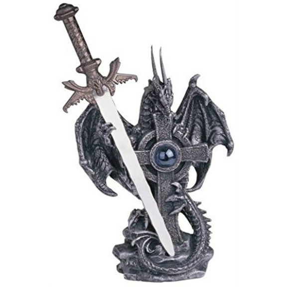 Silver Dragon with Sword and Cross Medieval Fantasy Figurine Decoration New