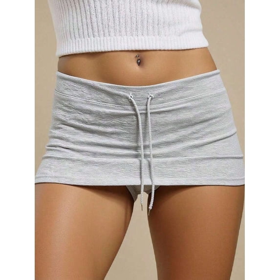 Silver Drawstring Low-Waist Mini Skort, Casual A-Line Bodycon Style