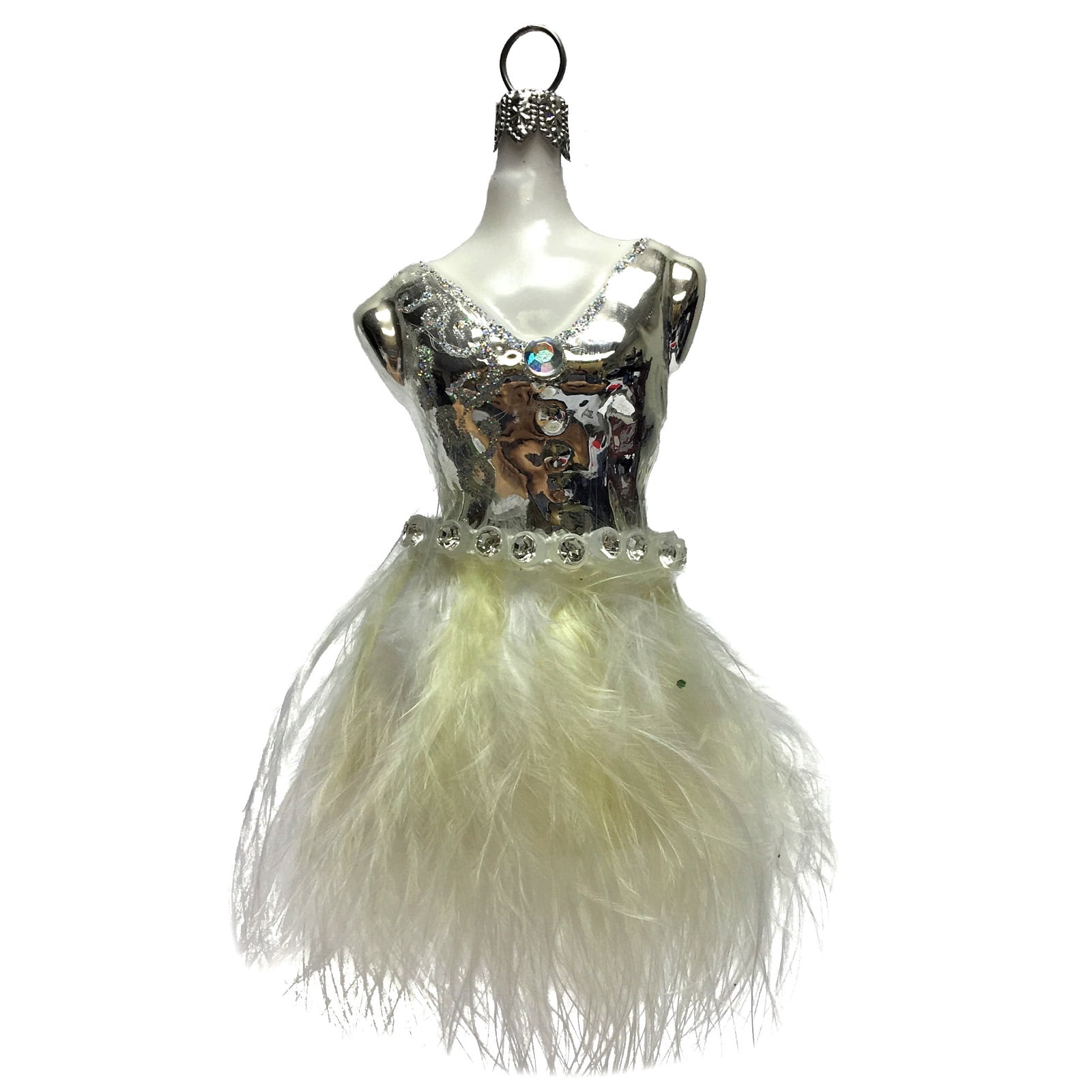 silver and gold christmas dress with White Yellow Feathers Polish Glass Ornament Fashion Prom dress with