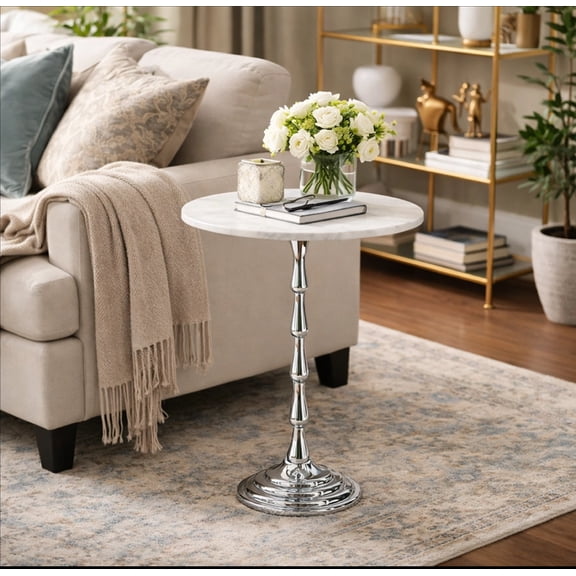 Silver Drink Table With White Marble Top Decorative Modern End Table Aluminum Base Side Table Accent Table For Living Room 10X10X26"