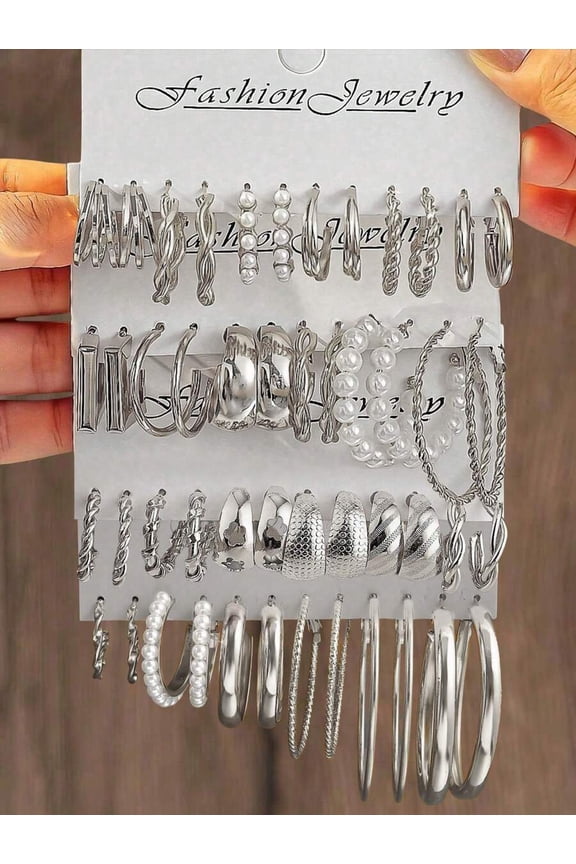 Silver Earring Set: 36-Piece Mixed Hoop, C-Hoop & Stud Styles