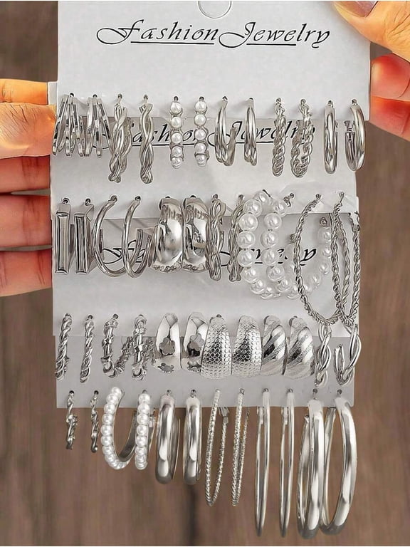 Silver Earring Set: 36-Piece Mixed Hoop, C-Hoop & Stud Styles
