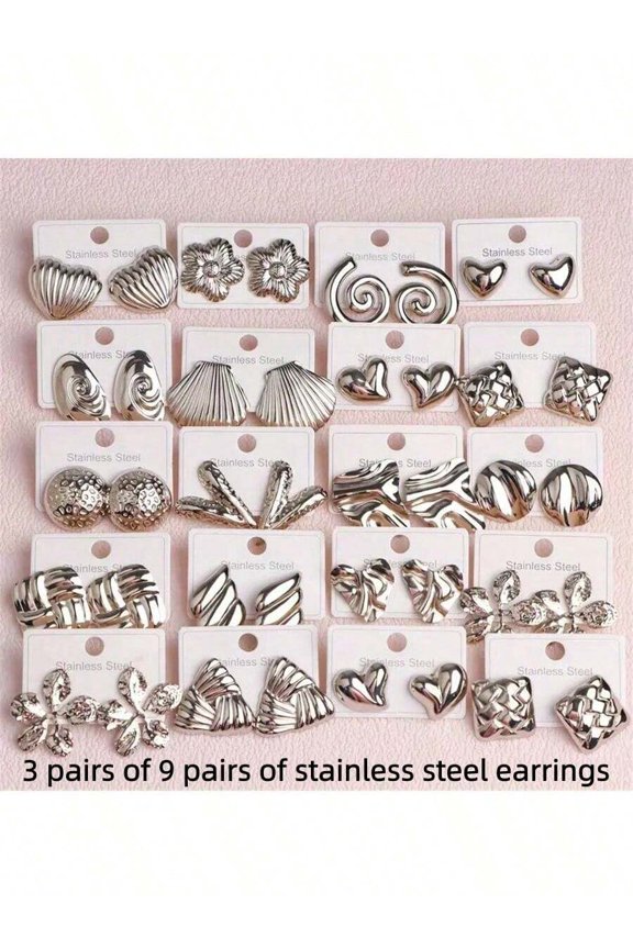 Silver Earring Set - 9 Pairs Studs with Shell, Heart, Flower & Geometric