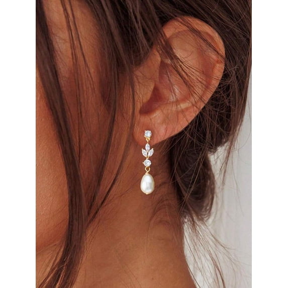 Silver Earrings With Teardrop Pearl And CZ Floral Design
