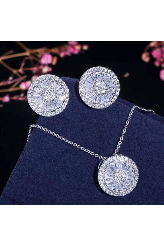 Silver Electroplated CZ Crystal Women Fashion Round Cubic Zirconia Necklace Earring Set[a931]