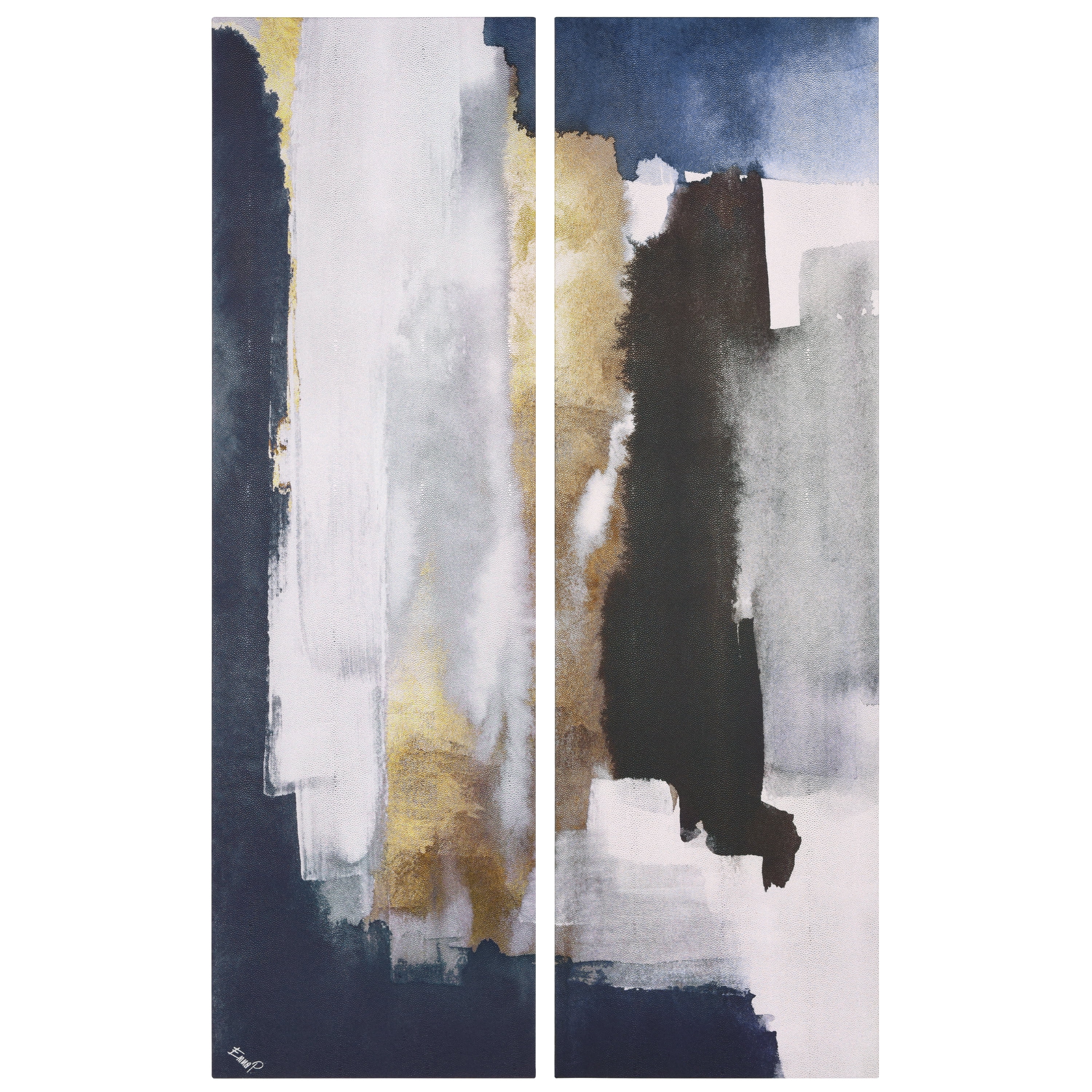"Silver Elegance I & II", Abstract Artwork Rendered on Silver Shagreen Wrapped Canvas Wall Art Set, sized 72"x22"