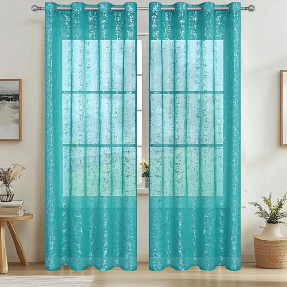 Silver Embossed Semi-Sheer Curtains with Grommets, Textured Faux Linen Drapes for Bedroom Living Room Study, Light Filtering Window Treatment Panels(Blue,39.37"×98.43")