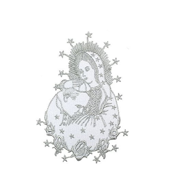 Silver Embroidered Virgin Mary & Pope Applique Patch Metallic Santa Maria Papa Motif (No Letters)