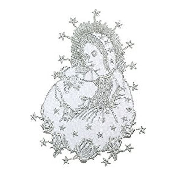 Silver Embroidered Virgin Mary & Pope Applique Patch Metallic Santa Maria y Papa Motif (No Letters)