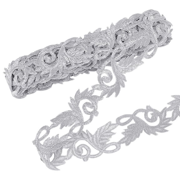 Silver Embroidery Ribbons Leaf Iron on Patch Embroidered Appliques Lace Ribbon 1-1/2 Inch Wide Craft Lace Trim for Sewing