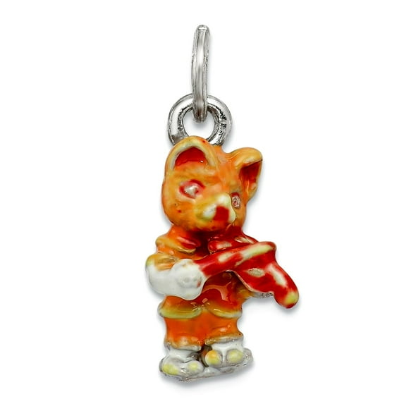 Silver Enamel Cat Playing the Violin Charm 17x9mm Wide Pendant Necklace for Women - 1.4 Grams