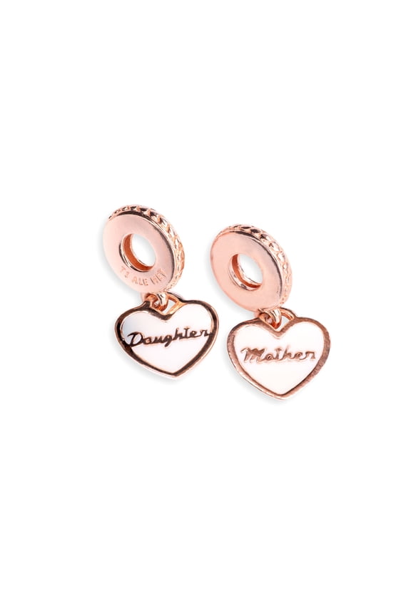 Silver Enamel & Clear Cz Mother & Daughter Hearts Charm