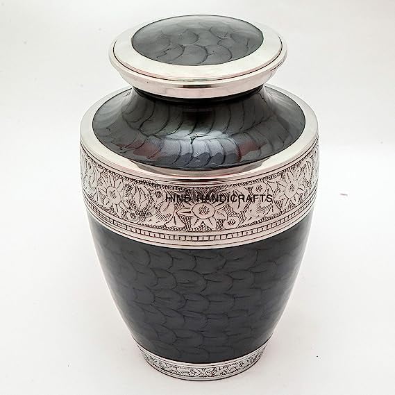 Silver Engraved Cremation Urn for Human Ashes Adult Funeral Urn Handcrafted - Large Burial Urn for Human Ashes - BAG INCLUDED (7" x 7" x 10" - 200 bs or 90 kg, Pearl Grey)