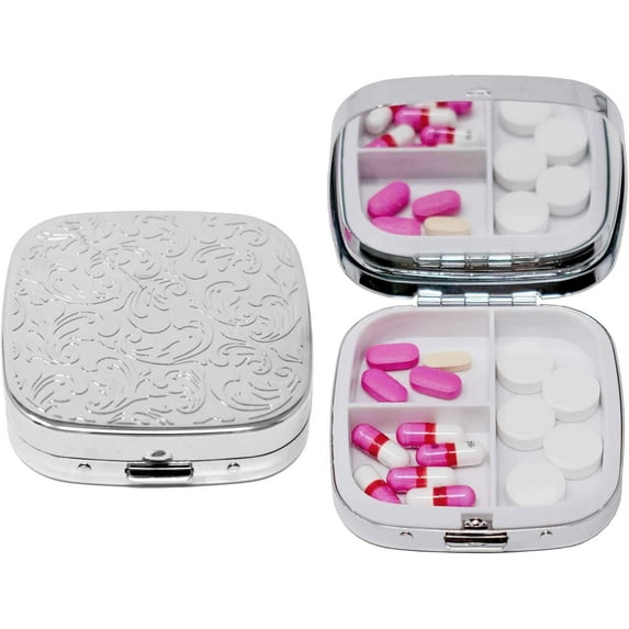 Set of 2 Square-Shaped Pocket Purse Pill Box With Mirror (Silver Etched Floral Print)