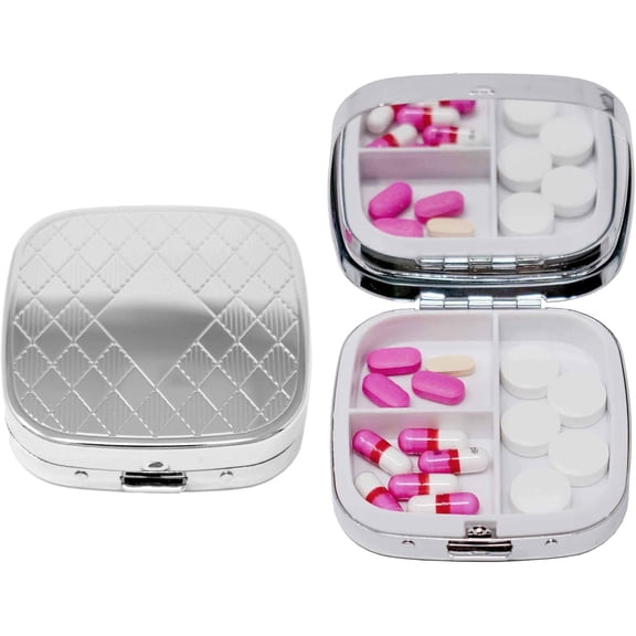 Set of 2 Square-Shaped Pocket Purse Pill Box With Mirror (Silver Etched Diamond Pattern - Engraveable)