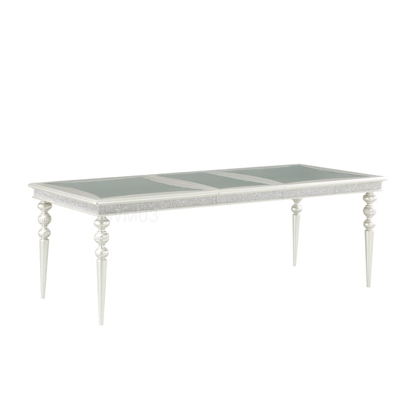 Silver Extendable Dining Table with Glass Top and Rhinestone Detailing for Elegant Spaces