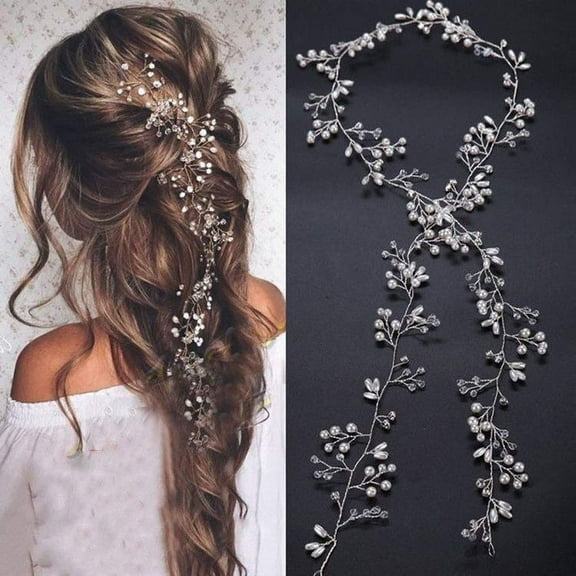 Silver Extra Long Pearl and Crystal Beads Bridal Hair Vine Wedding Head Piece Bridal Hair Accessories Headband Hair Jewelry Hair Accessories (Silver)