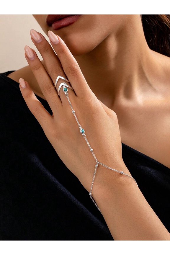 Silver Fashion Minimalist Beaded Chain Hand Harness Ring With Turquoise Stones, Adjustable Daily Accessory For Women