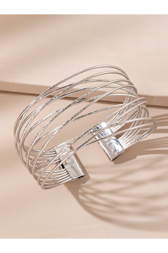 Silver Fashion Womens Multi-Layered Crossed Open Cuff Bangle