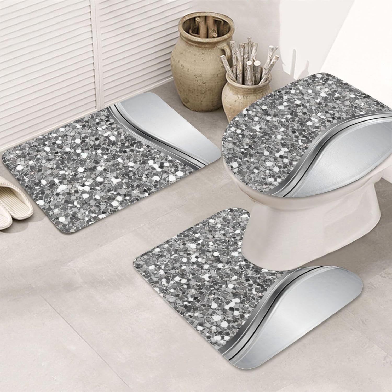 Silver Faux Glitter Glam Bling Bathroom Rugs 3-Piece Flannel Bath Mat ...