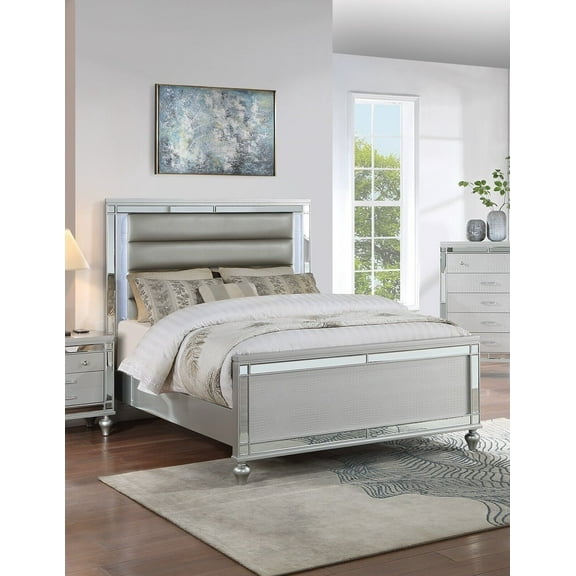Silver Faux Leather 1pc Queen Size Bed W LED Tufted Headboard Footboard Master Bedroom Furniture