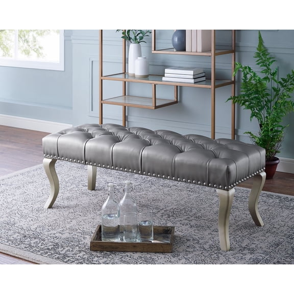 Silver Faux Leather Upholstered Bench with Nailhead Trim, 48-Inch Tufted Entryway Bench for Living Room, Dining Room, or Hallway