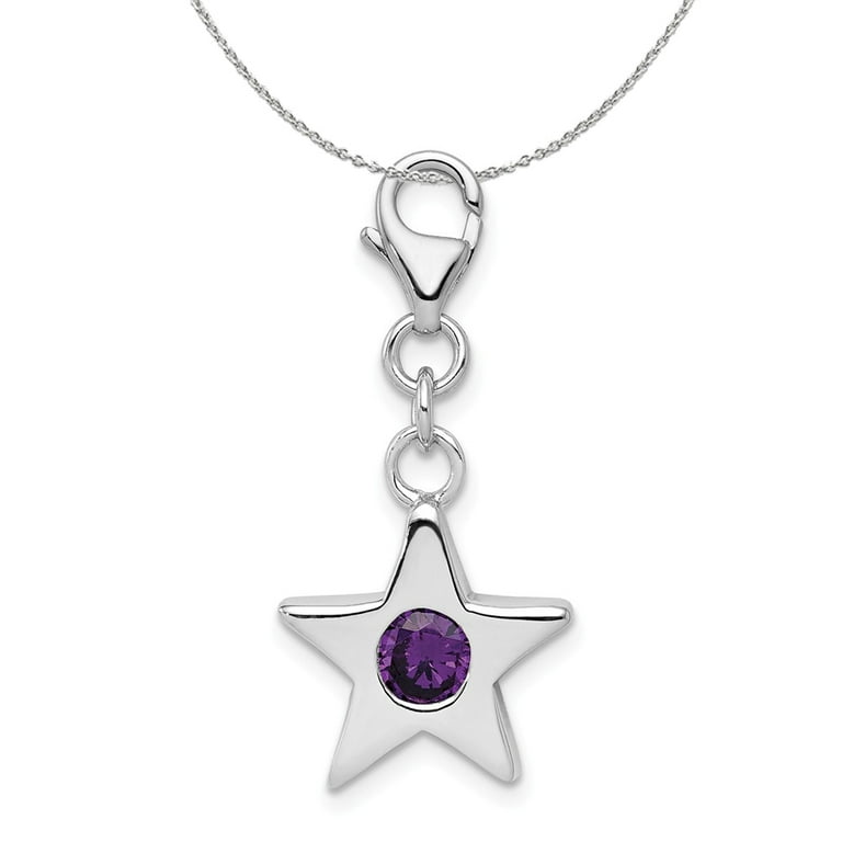 Silver February CZ Birthstone 13mm Star Clip on Charm Necklace