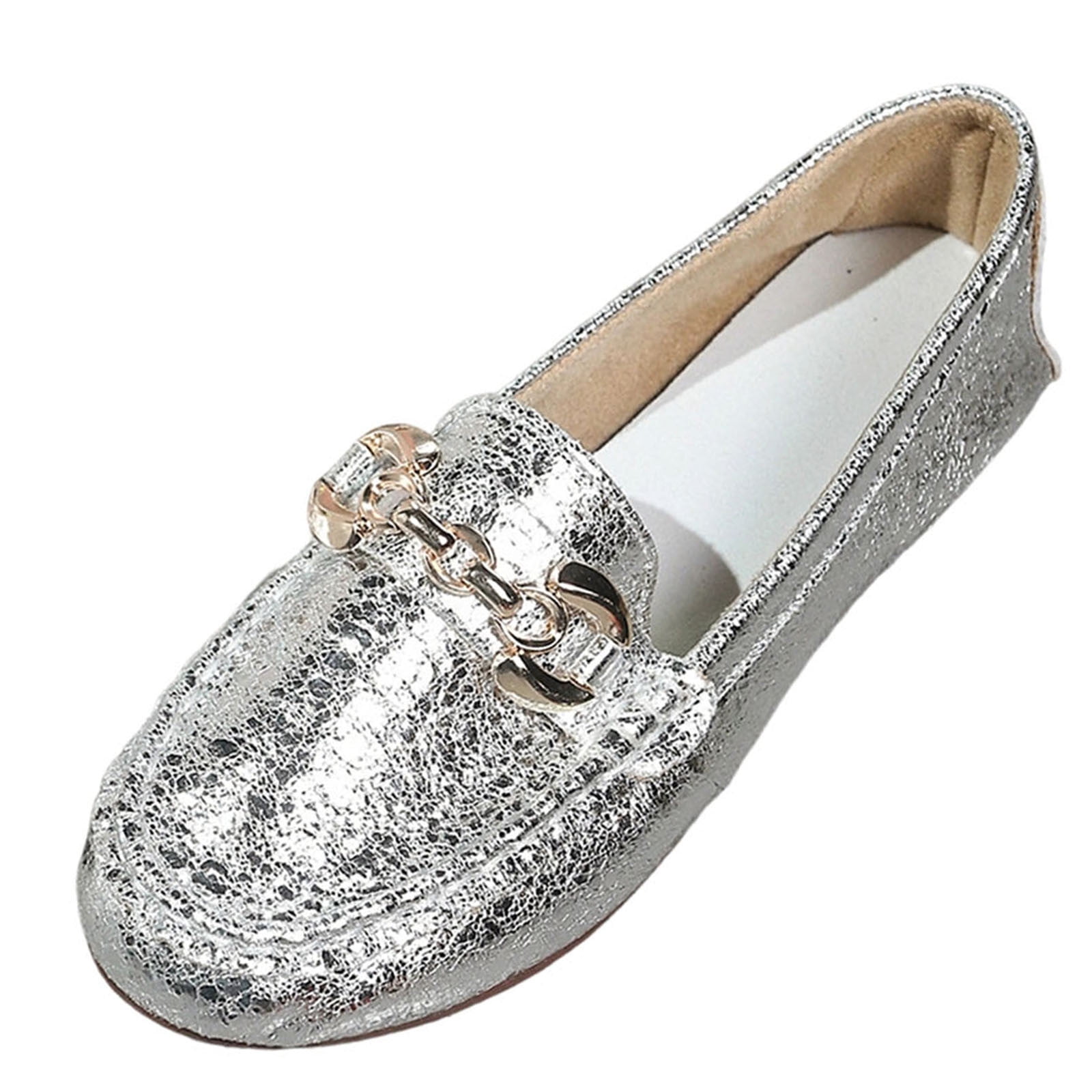 Silver Female Casual Shoes With French Inspired Metal Buckle Detail In ...