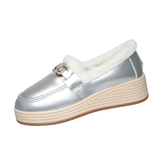 Silver Female Metallic Loafers With Fleece Lining For Fall And Winter Warm And Comfortable
