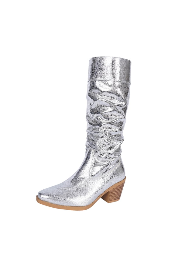 Silver Females Casual Casual Small Height Western Cowboy Boots With Fashionable Temperament But Not Over The Knee Mid Heel And Midsole Suitable For Active Wear