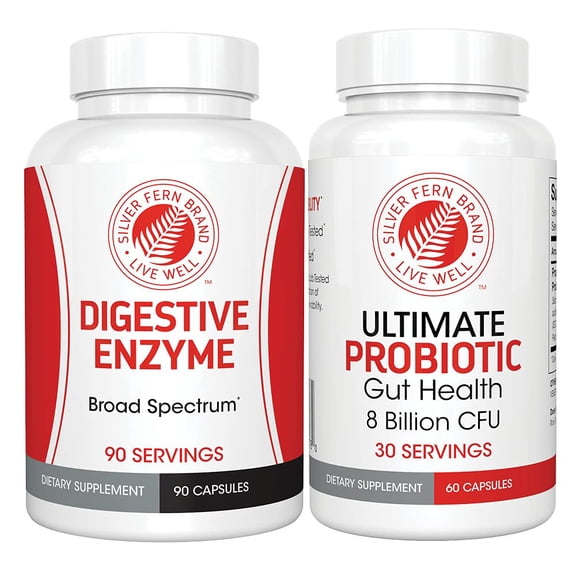 Silver Fern Brand Gut Health Tune Up Kit - Multi Function Ultimate Probiotic (1 Bottle - 60 Capsules) & Digestive Enzyme (1 Bottle = 90 Capsules) Helps Digestive Health, Mood, Reduce Cravings