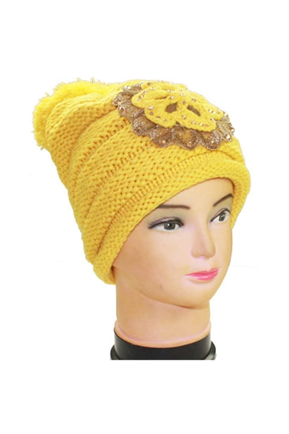 Crochet Hat Winter Beanie Jeweled Flower & Pom-pom