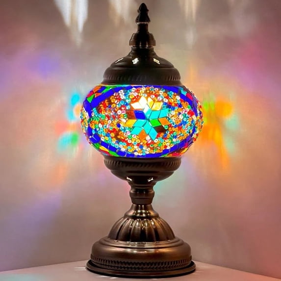 Silver Fever Handcrafted Mosaic Turkish Lamp Moroccan Glass Table Desk Bedside Light Bronze Base with E12 Bulb Bright Starburts