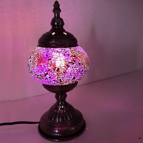 Silver Fever Handcrafted Mosaic Turkish Lamp Moroccan Glass Table Desk Bedside Light Bronze Base with E12 Bulb Deep Pink