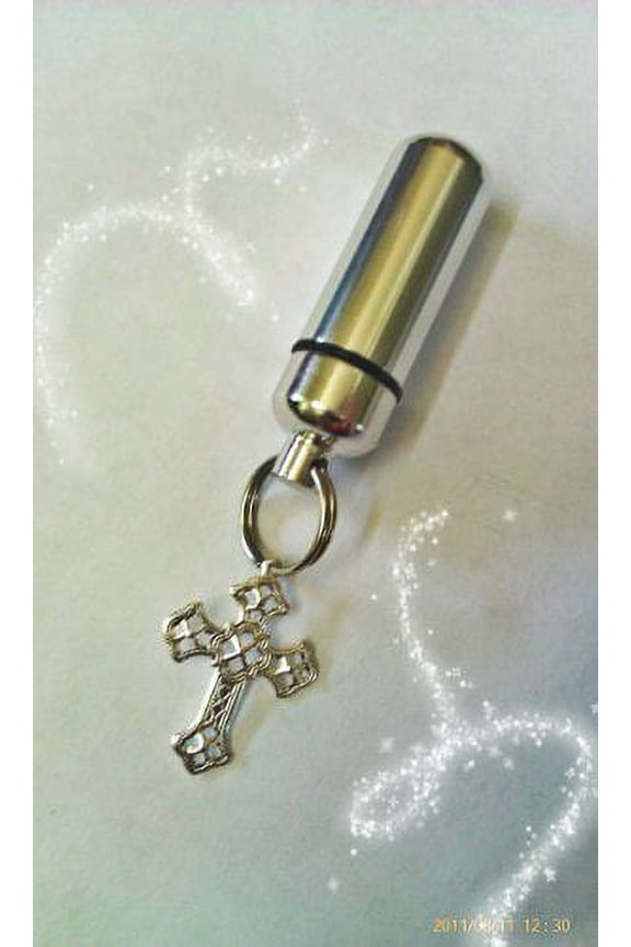 Silver Filigree Cross Anointing Oil Vial Holder Keychain with Engraved Heart - Includes Velvet Pouch & Funnel