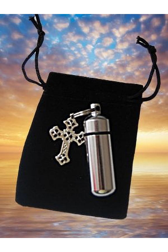 Silver Filigree Cross Anointing Oil Vial Holder Keychain with Velvet Pouch