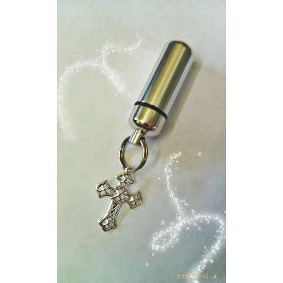 Silver Filigree Cross Anointing Oil or Holy Water Vial Holder Keychain with Engraved Heart - Includes Velvet Pouch and Pipette
