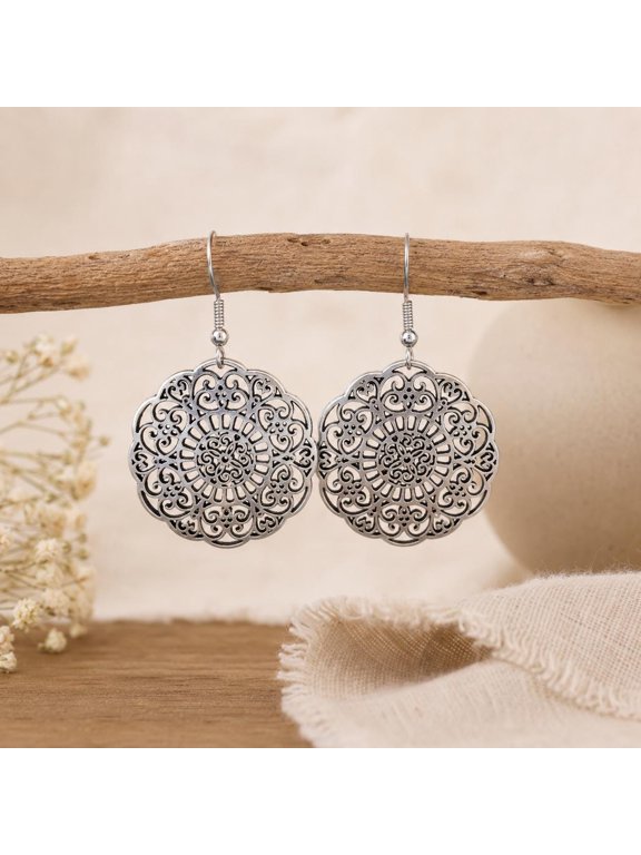 Silver Filigree Earrings, Lightweight Mandala Dangle Style, Intricate Scrollwork, Everyday Statement Jewelry