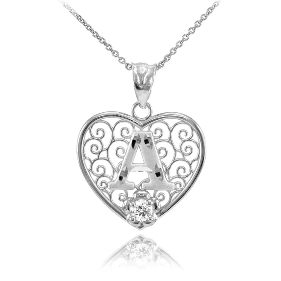 Silver Filigree Heart "A" Initial CZ Pendant Necklace - Pendant with 16" chain