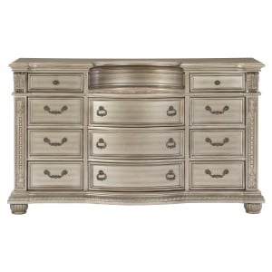 Silver Finish Dresser with Egg and Dart Base Moldings, Bead Molding, Acanthus Leaf Carvings, and Genuine Marble Inset Top"