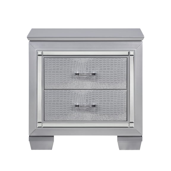Silver Finish Nightstand with Faux Alligator Embossed Drawers and LED Lighting