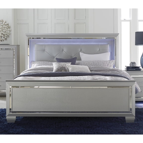 Silver Finish Upholstered Button-Tufted 1pc Queen Size Bed LED Headboard Faux Alligator Embossed Textural Panels Wooden Bed