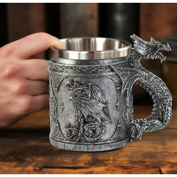 Silver Fire Beowulf Dragon Beer Stein Tankard Coffee Cup Mug Great Gift For Dragon Lovers Party, Ideal Novelty Gothic Father Day Gift Party Decoration (14 oz)