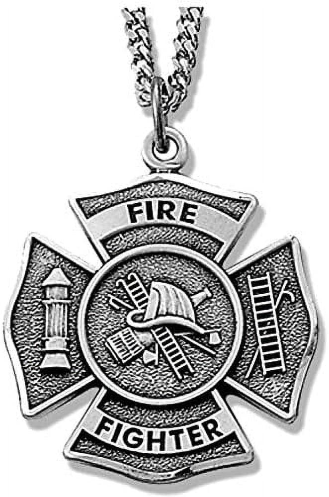 1-1/8 Inch Pewter Firefighter Shield Medal with Cross and Philippians 3:14  on the Back