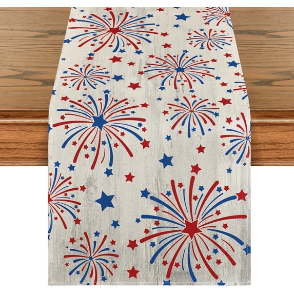 Silver Fireworks Patriotic 4th of July Table Runner, Seasonal Kitchen Dining Table Decoration for Home Party Decor 13x60 Inch