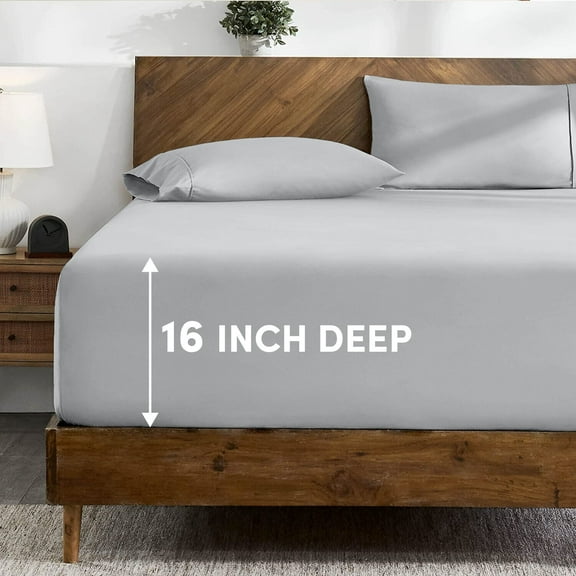 Silver Fitted Sheet 16" Deep Pocket Twin Full Queen King Size Elastic Bed Sheets