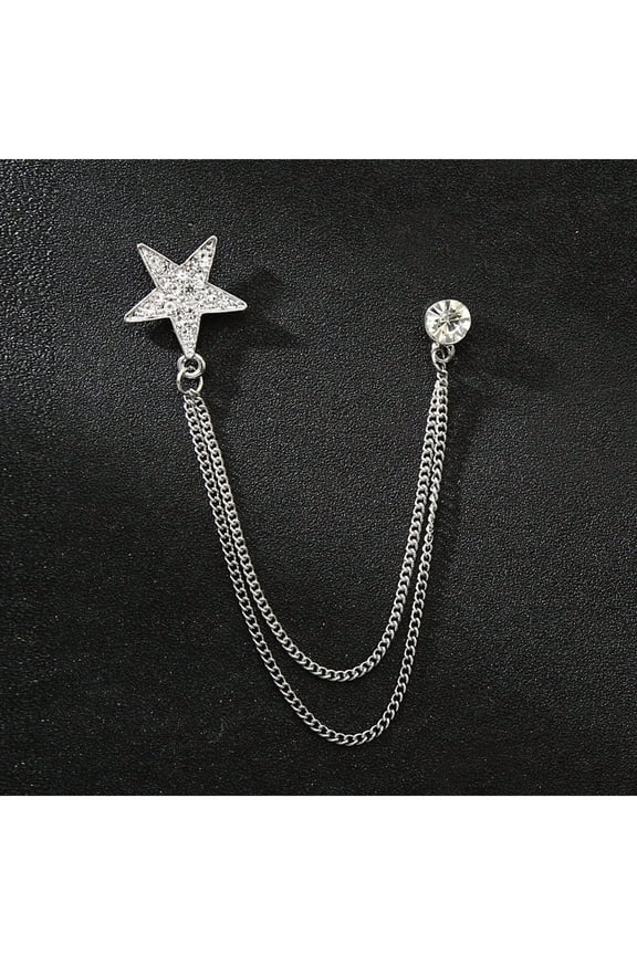 Silver Five-Pointed Star Crystal Chained Lapel Pin Brooch For Collar Or Coat