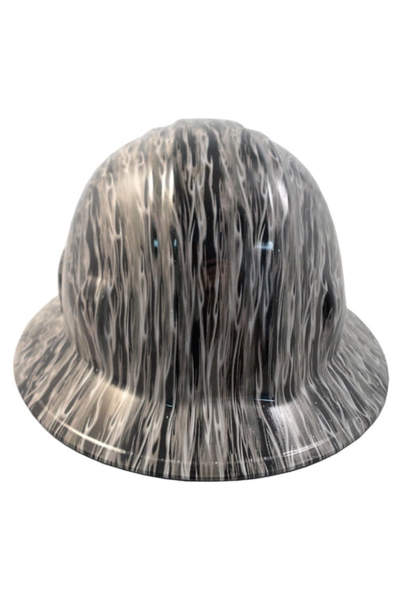 Silver Flame Hydro Dipped Hard Hats Full Brim Style with 4 Pt Suspension
