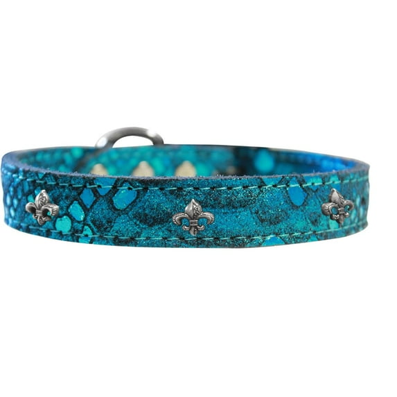 Silver Fleur De Lis Widget Dragon Skin Genuine Leather Dog Collar